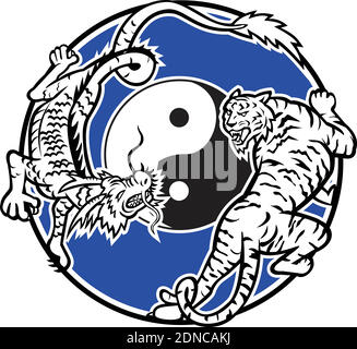 Mascot icon illustration of a tiger and Chinese dragon stalking and fighting with yin yang symbol in middle set inside circle on isolated background i Stock Vector