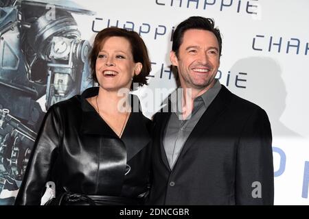 Sigourney Weaver and Hugh Jackman pose at a photocall for the film Chappie at the Hotel Bristol in Paris, France, on February 26, 2015. Photo by Nicolas Briquet/ABACAPRESS.COM Stock Photo