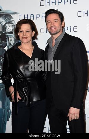 Sigourney Weaver and Hugh Jackman pose at a photocall for the film Chappie at the Hotel Bristol in Paris, France, on February 26, 2015. Photo by Nicolas Briquet/ABACAPRESS.COM Stock Photo