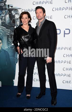 Sigourney Weaver and Hugh Jackman pose at a photocall for the film Chappie at the Hotel Bristol in Paris, France, on February 26, 2015. Photo by Nicolas Briquet/ABACAPRESS.COM Stock Photo