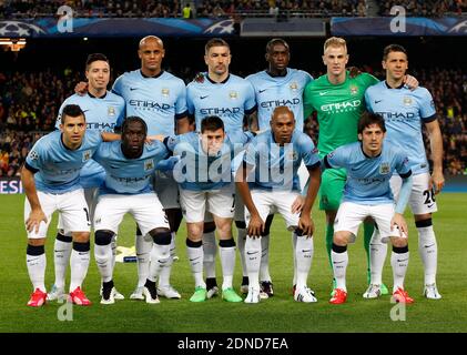 Team of Manchester City Standing from left: Samir Nasri--Vincent Kompany--Aleksandar Kolarov--Yaya Toure--Joe Hart--Martin Demichelis. Down from left:Sergio Aguero--Bacary Sagna--James Milner--Fernandinho--David Silva during the UEFA Champions League soccer match, FC Barcelona Vs Manchester City at Camp Nou stadium in Barcelona, Spain on March 19, 2015. Photo by Giuliano Bevilacqua/ABACAPRESS.COM Stock Photo