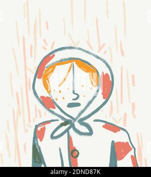 Kids In Autumn Rain with rain hood. Semi abstract Illustration. Watercolor and Trending color. Autumn color. Stock Photo