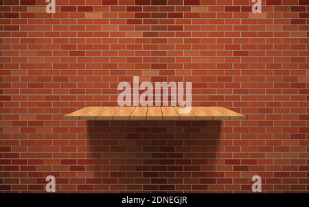 wooden shelf on the red brick wall Stock Vector