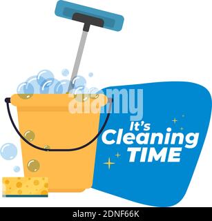 Bucket yellow cleaning products cleaning time white background- Vector Stock Vector
