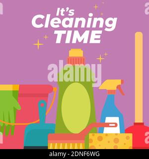 Bottles cleaning products cleaning time pruple background- Vector Stock Vector