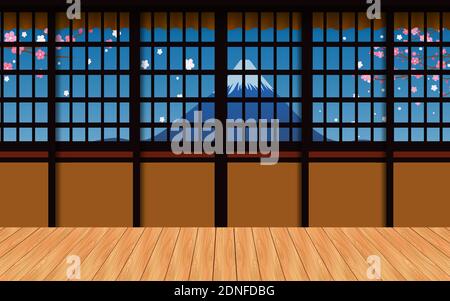 indoor wooden house with fuji mountain background in japan Stock Vector