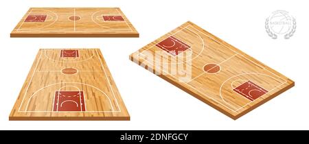 basketball court in isometric with wooden parquet flooring and markings lines. Outline basketball playground top view. Sports ground for active recrea Stock Vector