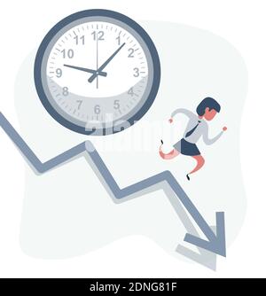 Concept of missing deadline, bad time management. Scene of tired, nervous, stressed female at work. Sad businesswoman running away from a big clock Stock Vector