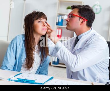 The doctor examining patients eye in hospital Stock Photo