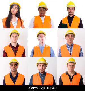Group of professional construction workers against white studio background Stock Photo