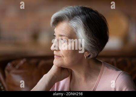 Thoughtful happy middle aged mature woman looking in distance. Stock Photo