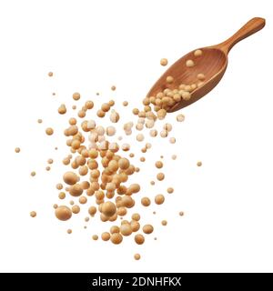 wooden spoon pouring soybeans isolated on white Stock Photo