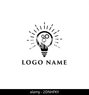 Light bulb and hand logo template. Creative idea vector design. Smart writer logotype Stock Vector