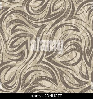 Brown smooth lines and corners vector geometric seamless pattern on beige background. Graceful flowing pattern and stripes. Stock Vector