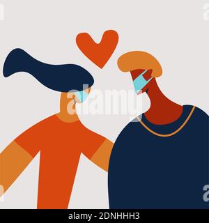 Mixed race couple with medical face masks in cartoon hand drawing style. love in quarantine  Stock Vector