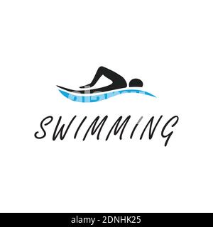 icon symbol Blue swimming logo with abstract man silhouette. Stock Vector