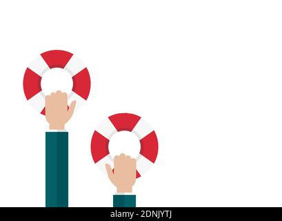 hands holding a lifebuoy. Help, support, survival or investment symbol. red and blue lifebelt, swimming rubber ring. save business concept. vector ill Stock Vector