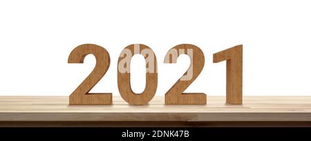 2021 numbers on wood table top in white banner background Stock Photo