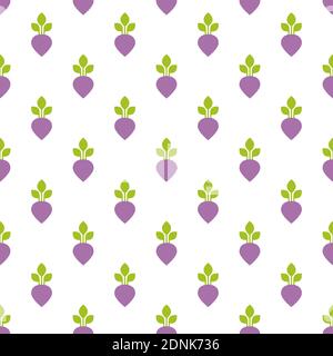 Seamless pattern with purple beet root with green rods on the white background. Vector flat cartoon texture with beetroot. Stock Vector