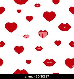 Seamless pattern with red hearts and kisses on white background. vector flat Valentine love ornament. Romantic texture Stock Vector