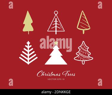 Christmas tree icon set of 6 designs on red color background Stock Vector