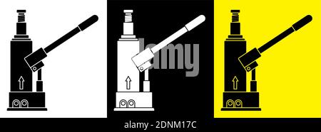 Hydraulic car jack icons. Car belt in repair shops. Increased lift. Lifting transport to change wheels. Vector Stock Vector