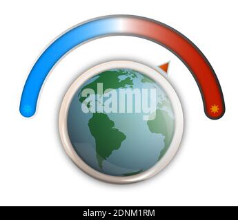 Global warming, climate controller with sign of cold, snowflake and heat, sun. Manual control of thermostat in form of planet Earth. Temperature rise Stock Vector