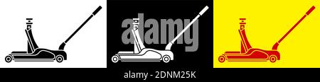 Icon, hydraulic car jack on wheels. Car belt in repair shops. Increased lift. Lifting transport to change wheels. Black and white vector Stock Vector
