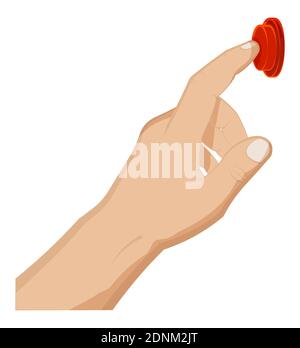 hand gesture, man presses the button with his index finger. Doorbell rings, starts or stops an important action. Cartoon vector on white background Stock Vector