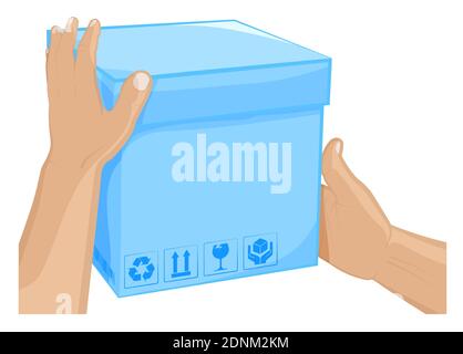 Mens hands hold box with barcode and cargo storage signs. Shipping and home delivery. Gifts and surprises with courier delivery. Cartoon vector on whi Stock Vector