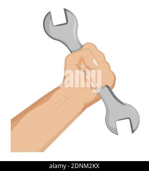 Mans hand clenches huge wrench in fist. Hard work, working professions. Labor Day. Isolated vector on white background Stock Vector