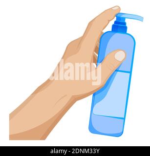 man holds a bottle of liquid soap in his hand, presses dispenser with his index finger. Fighting infection, hygiene. Cartoon vector on white backgroun Stock Vector