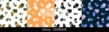 Set of seamless patterns with oak autumn leaves and acorns. Oak Grove. Color vector in minimal style for textiles Stock Vector
