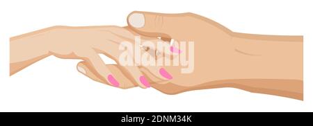 man holds womans hand in his palm. Marriage, family, wedding ceremony. Cartoon vector on white background Stock Vector