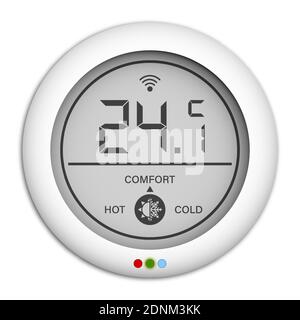 Wall mounted digital controller, regulator for remote control of climate in house. Part of smart home system. Comfortable room temperature. Realistic Stock Vector