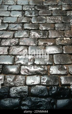 Wet cobblestones on an old pavement Stock Photo