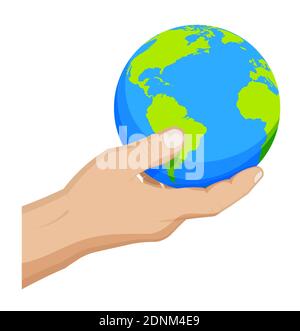 man carefully holds the globe in his hand. Choosing a destination for travel. Global view of the world. Cartoon vector on white background Stock Vector