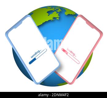 Smartphones on background of planet earth. Global communication, instant communication by mobile phone. Transfer of information in mobile network. Vec Stock Vector