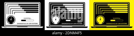 laptop checks that the vehicle is working properly. Computer diagnostics of car systems with special programs. Car service in service center. Vector Stock Vector