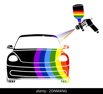Air brush logo with spray of paint in rainbow colors paints a car. Accurate color matching in workshop. Vector icon Stock Vector
