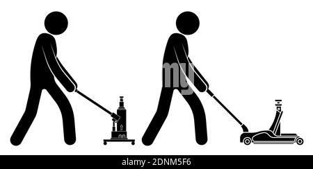 stick figure, workshop mechanic rolls a mechanical manual car jack. Belt in repair shops. Increased lift. Lifting the car to change wheels. Black and Stock Vector