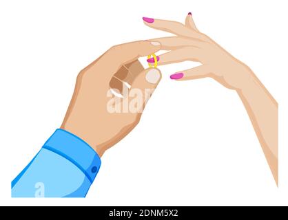 man puts a wedding ring on a womans finger. Marriage, family, wedding ceremony. Cartoon vector on white background Stock Vector