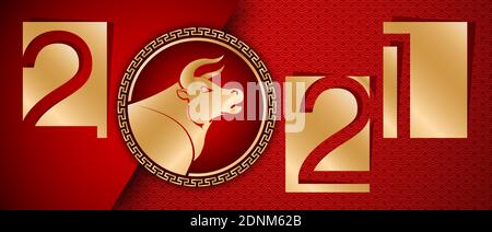 2021 Chinese new year of the ox, red and gold colors with a traditional decorative ornaments in a background. Chinese translation Year of ox Stock Vector