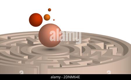 Abstract background with 3D maze, labyrinth and spheres flying inside for desktop screensaver, poster or banner. Way out of difficult crisis situation Stock Vector