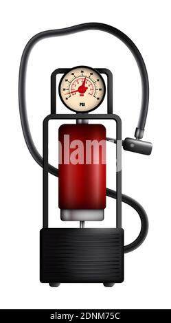 realistic car pump, compressor for inflating car tires. Transport repair, technical inspection. Vector Stock Vector