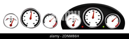 Car gauges, speedometer, tachometer, fuel level gauge. Car dashboard. Realistic vector on white background Stock Vector