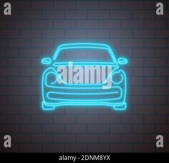 car icon in neon blue backlight on brick wall background. Car driving, maintenance in service center. Road safety. Vector Stock Vector