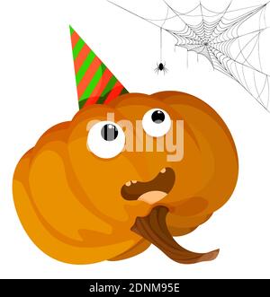 funny pumpkin party boy looks at spider and web. Thanksgiving autumn harvest. Autumn Halloween pumpkins. Edible plants. Isolated vector on white backg Stock Vector