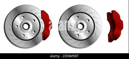 car brake disc with red brake pads. Brake pads, car parts. Maintenance in workshop. Vector in realistic style Stock Vector
