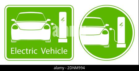 electric charging station sign, car is being charged at electric station. Eco friendly alternative energy sources for transport. Vector Stock Vector